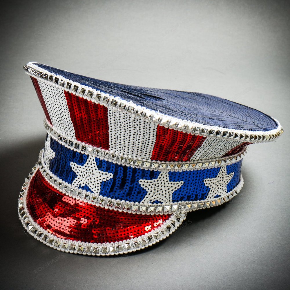 ILOVEMASKS Red White Blue Sequined Patriotic Captain Hat